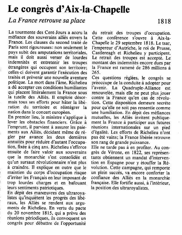 Prévisualisation du document Le congrès d'Aix-la-ChapelleLa France retrouve sa place.