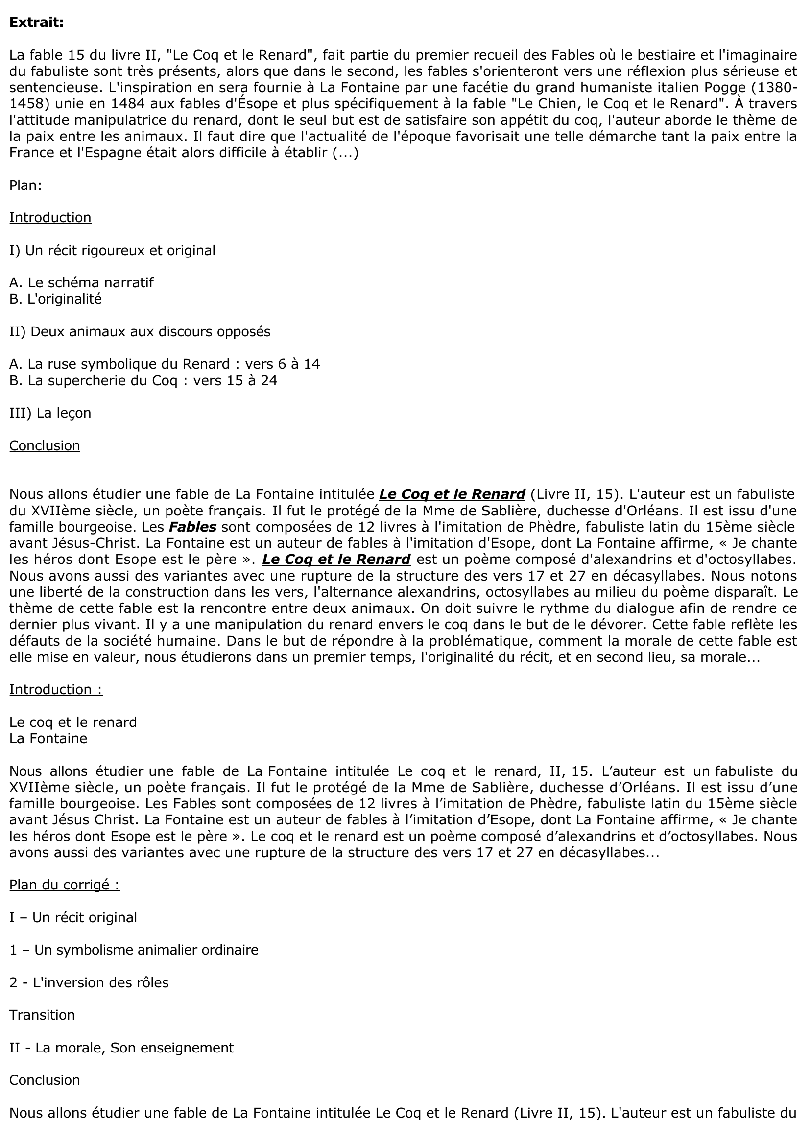 Prévisualisation du document Le Coq et le Renard (Livre II, Fable 15)_-_Commentaire littéraire
