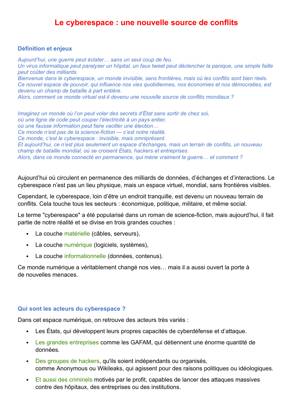 Prévisualisation du document Le cyberespace : une nouvelle source de conflits