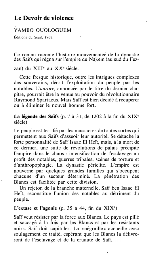 Prévisualisation du document Le Devoir de violence de YAMBO OUOLOGUEM