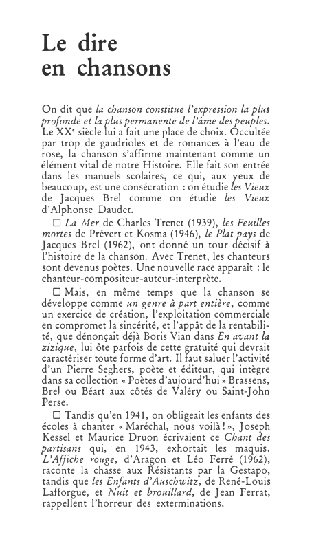 Prévisualisation du document Le dire
en c h ansons
On dit que la chanson constitue l'expression la plus
profonde et la plus permanente...