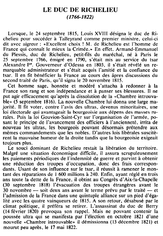 Prévisualisation du document LE DUC DE RICHELIEU(1766-1822) - BIOGRAPHIE.