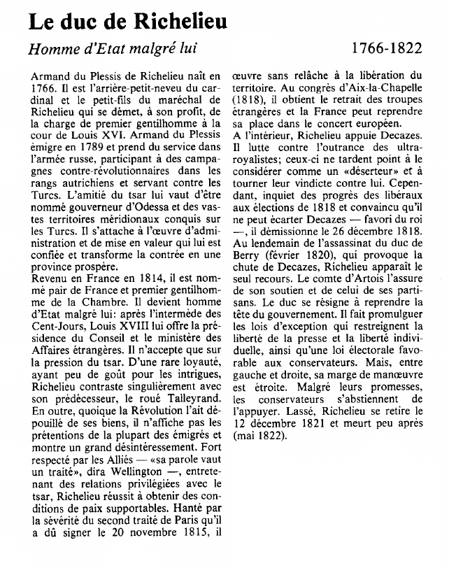 Prévisualisation du document Le duc de RichelieuHomme d'Etat malgré lui.