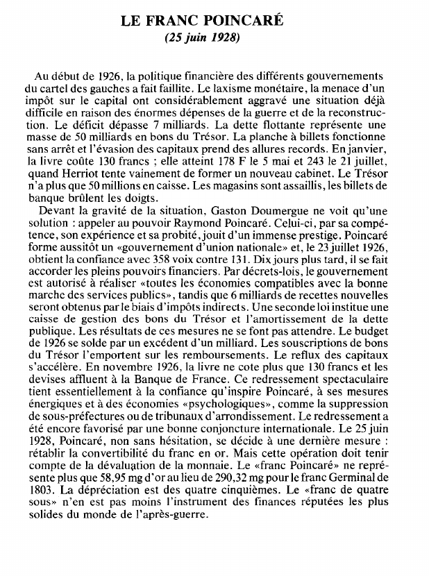 Prévisualisation du document LE FRANC POINCARÉ(25 juin 1928) (histoire).
