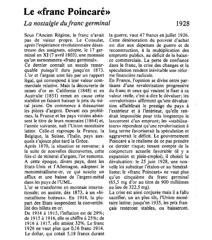 Prévisualisation du document Le «franc Poincaré»La nostalgie du franc germinal.