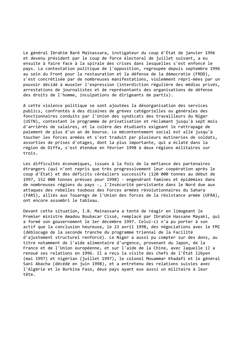 Prévisualisation du document Le général Ibrahim Baré Maïnassara, instigateur du coup d'État de janvier 1996
et devenu président par le coup de force...