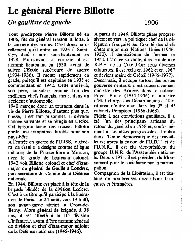Prévisualisation du document Le général Pierre BillotteUn gaulliste de gauche.