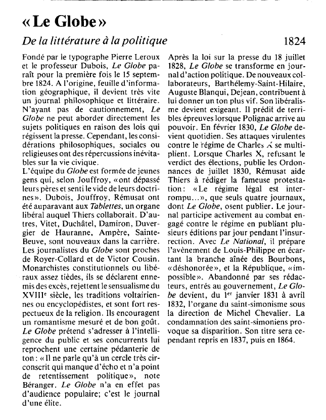 Prévisualisation du document «Le Globe»De la littérature à la politique.