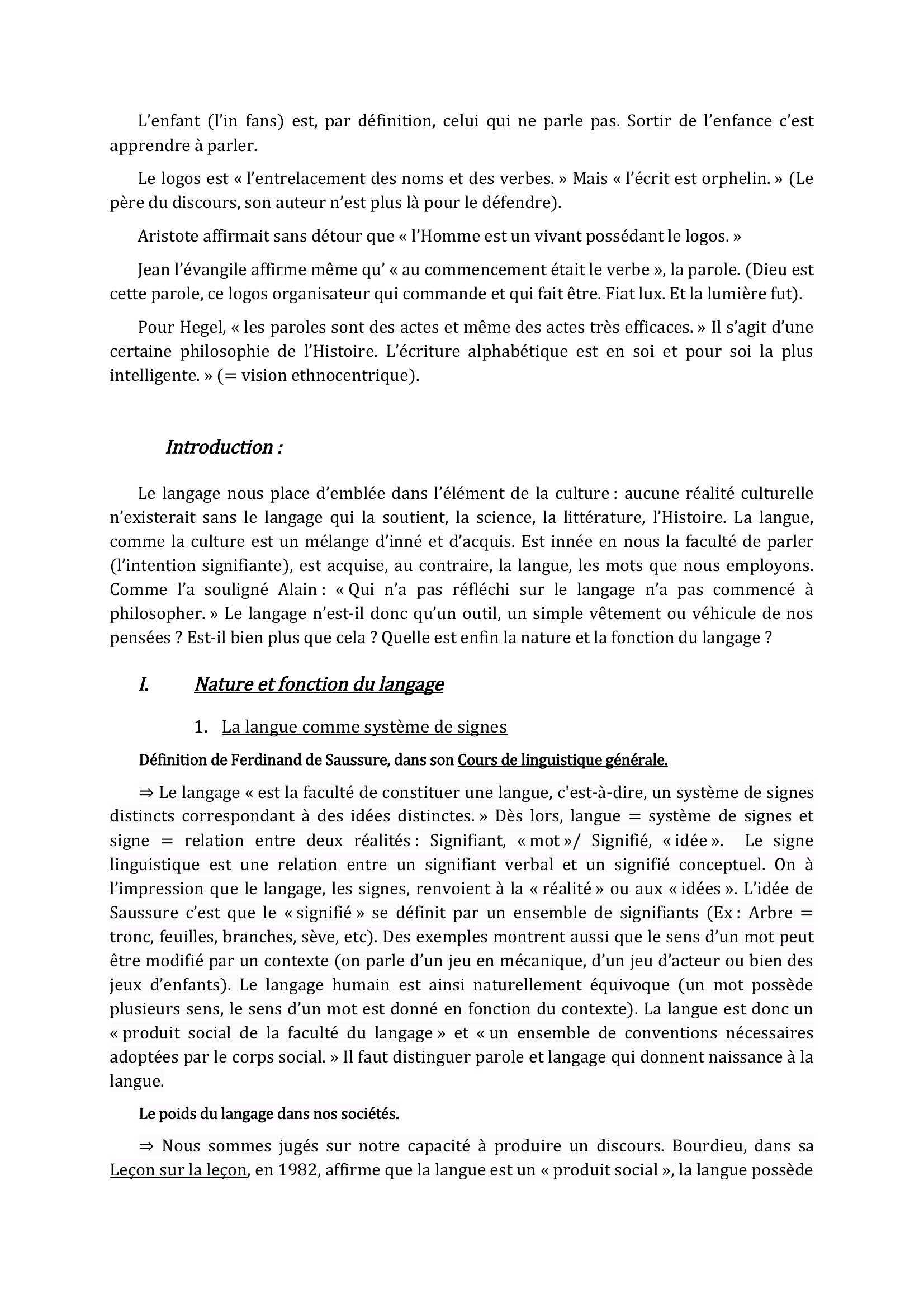 Prévisualisation du document Le Langage (cours de philosophie)