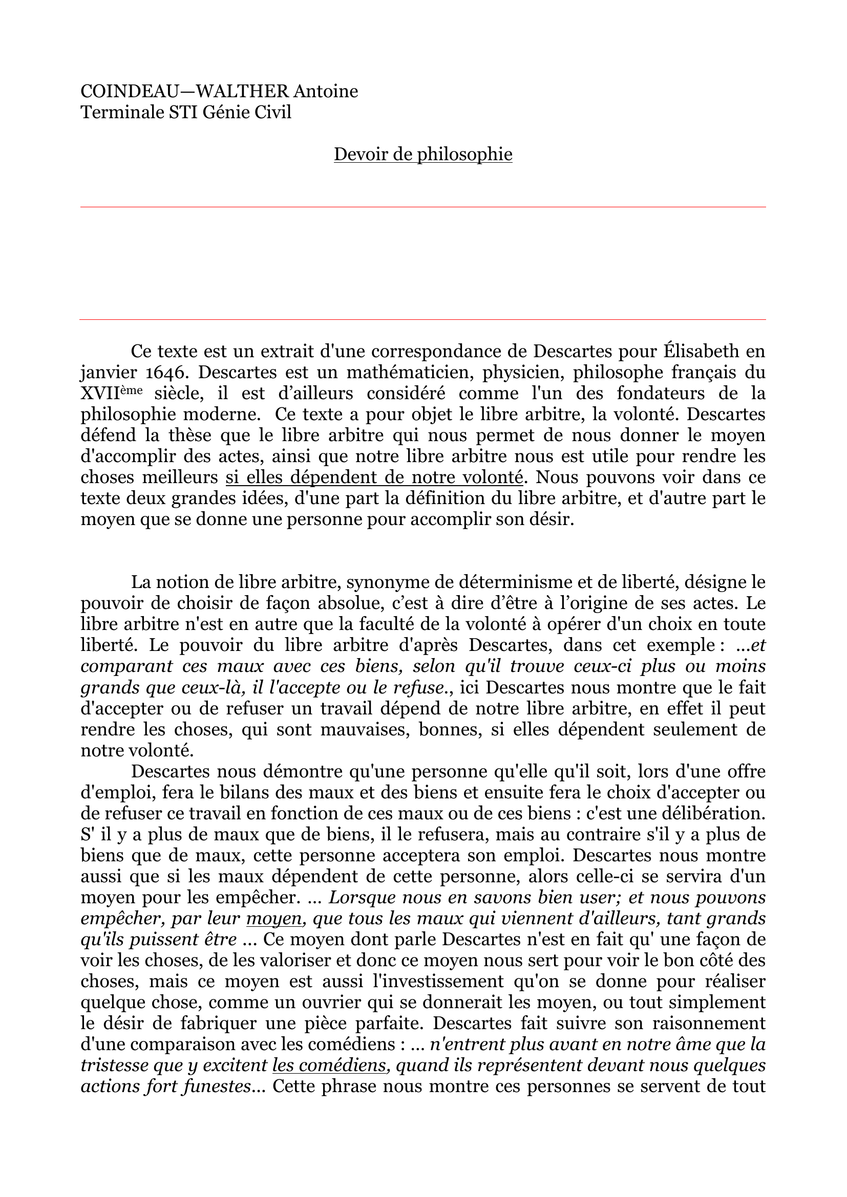 Prévisualisation du document Le Libre Arbitre chez Descartes: Lettre à Élisabeth (janvier 1646) -Commentaire
