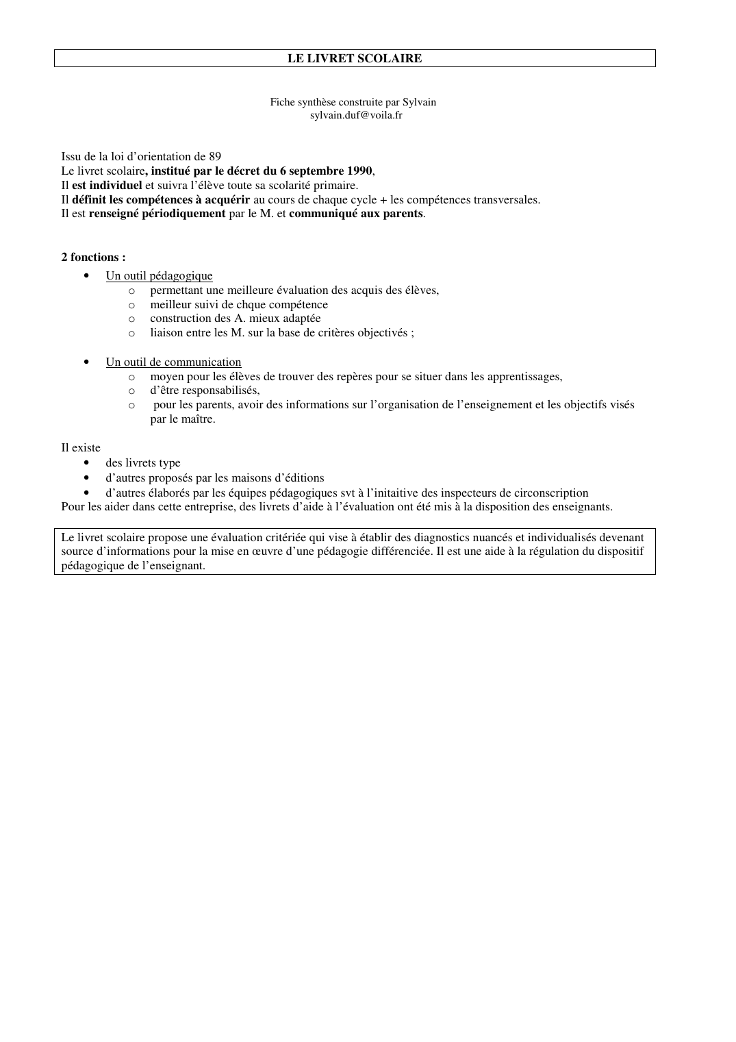 Prévisualisation du document LE LIVRET SCOLAIREFiche synthèse construite par Sylvainsylvain.