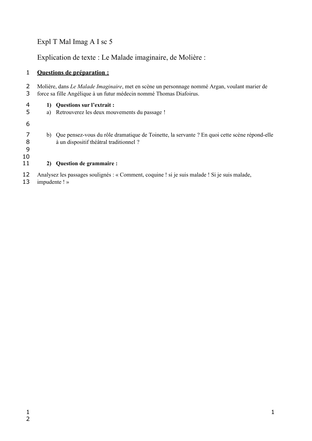 Prévisualisation du document Le malade imaginaire, ate I, scène 5 (analyse)
