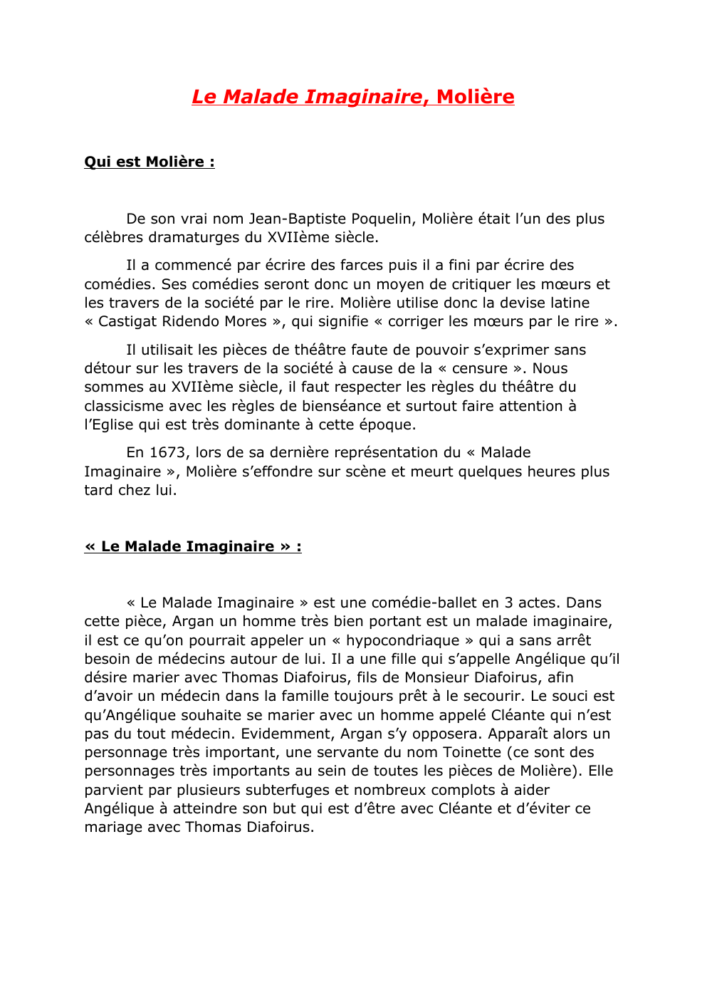 Prévisualisation du document Le Malade Imaginaire (oeuvre choisie EAF)
