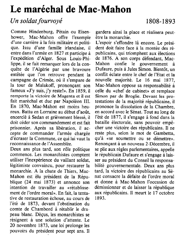 Prévisualisation du document Le maréchal de Mac-MahonUn soldat fourvoyé.