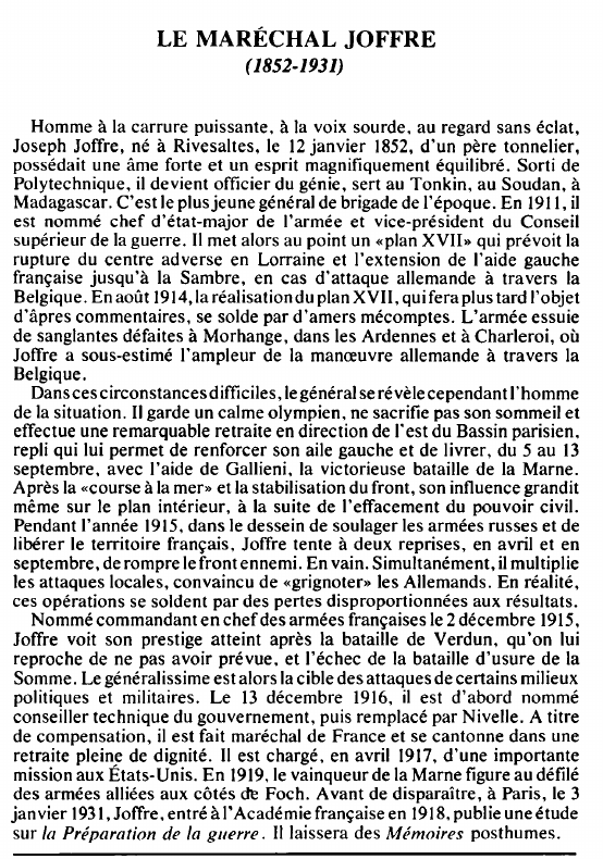 Prévisualisation du document LE MARÉCHAL JOFFRE(1852-1931) - BIOGRAPHIE