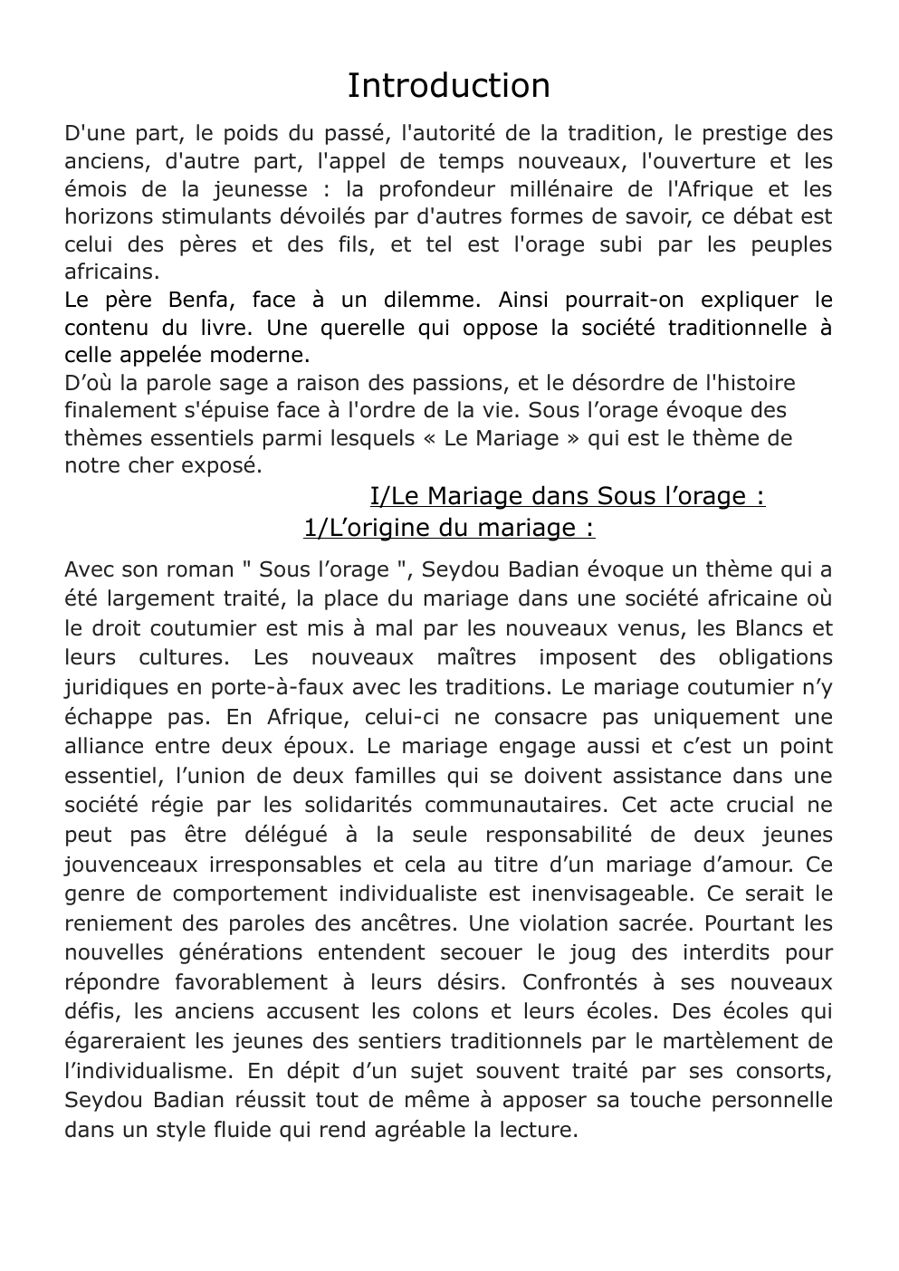 Prévisualisation du document Le mariage dans sous l'orage de Seydou Badian Kouyaté