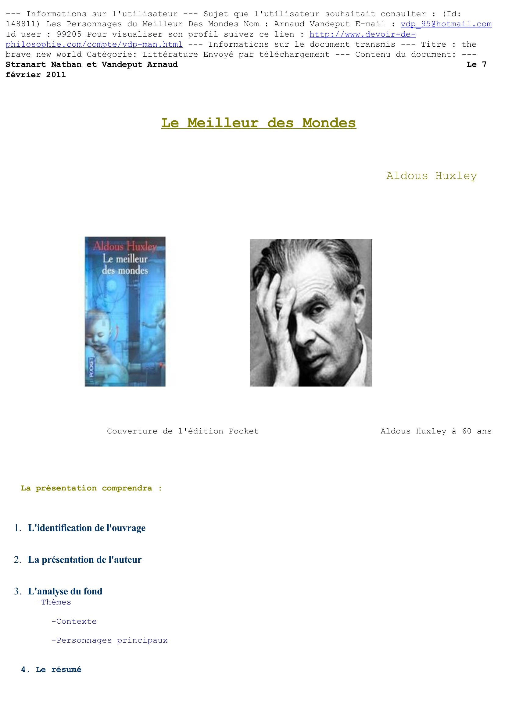 Prévisualisation du document Le Meilleur des Mondes                                                  Aldous Huxley