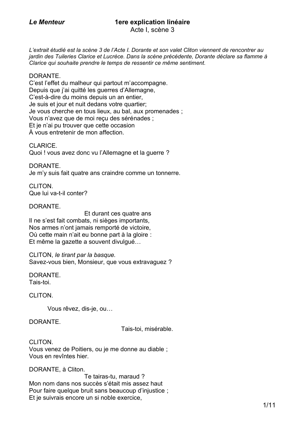 Prévisualisation du document Le Menteur  1ere explication linéaire Acte I, scène 3