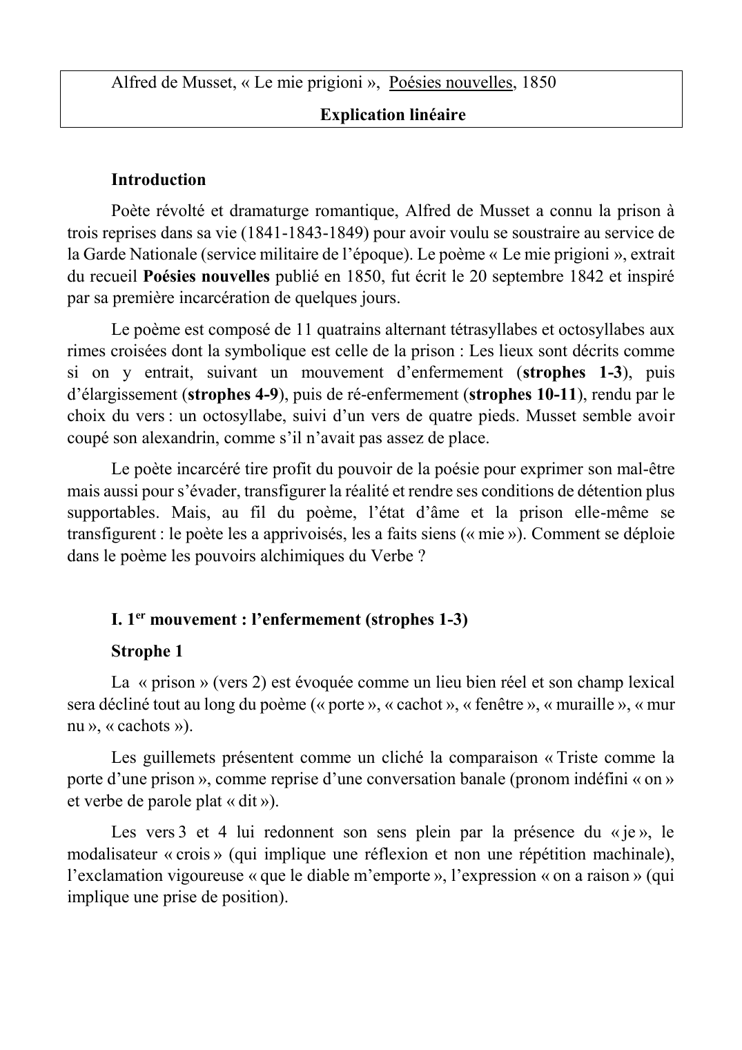 Prévisualisation du document "le mie prigioni" Alfred de musset, annalyse linéaire
