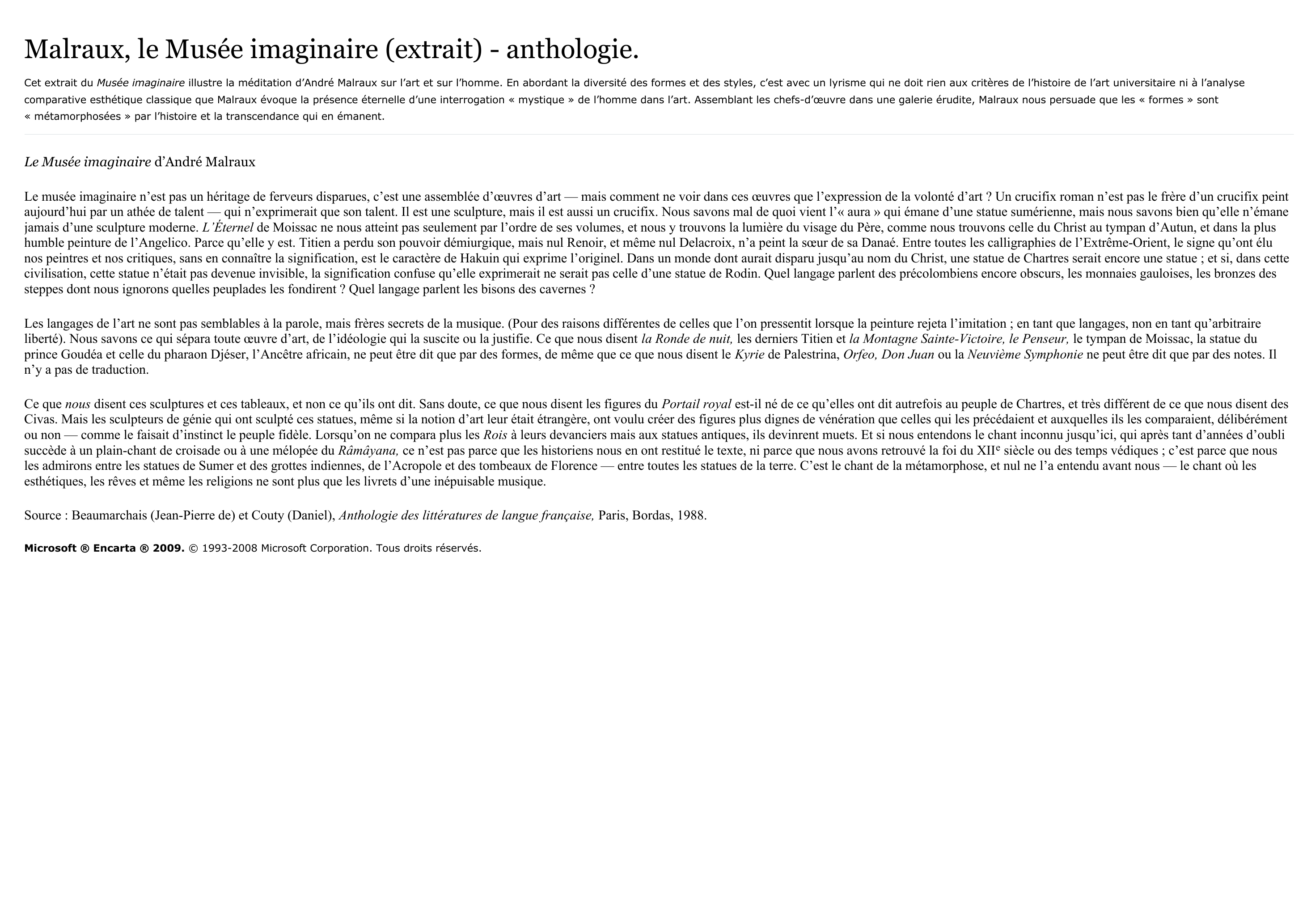 Prévisualisation du document Le Musée imaginaire de Malraux (résumé & analyse)