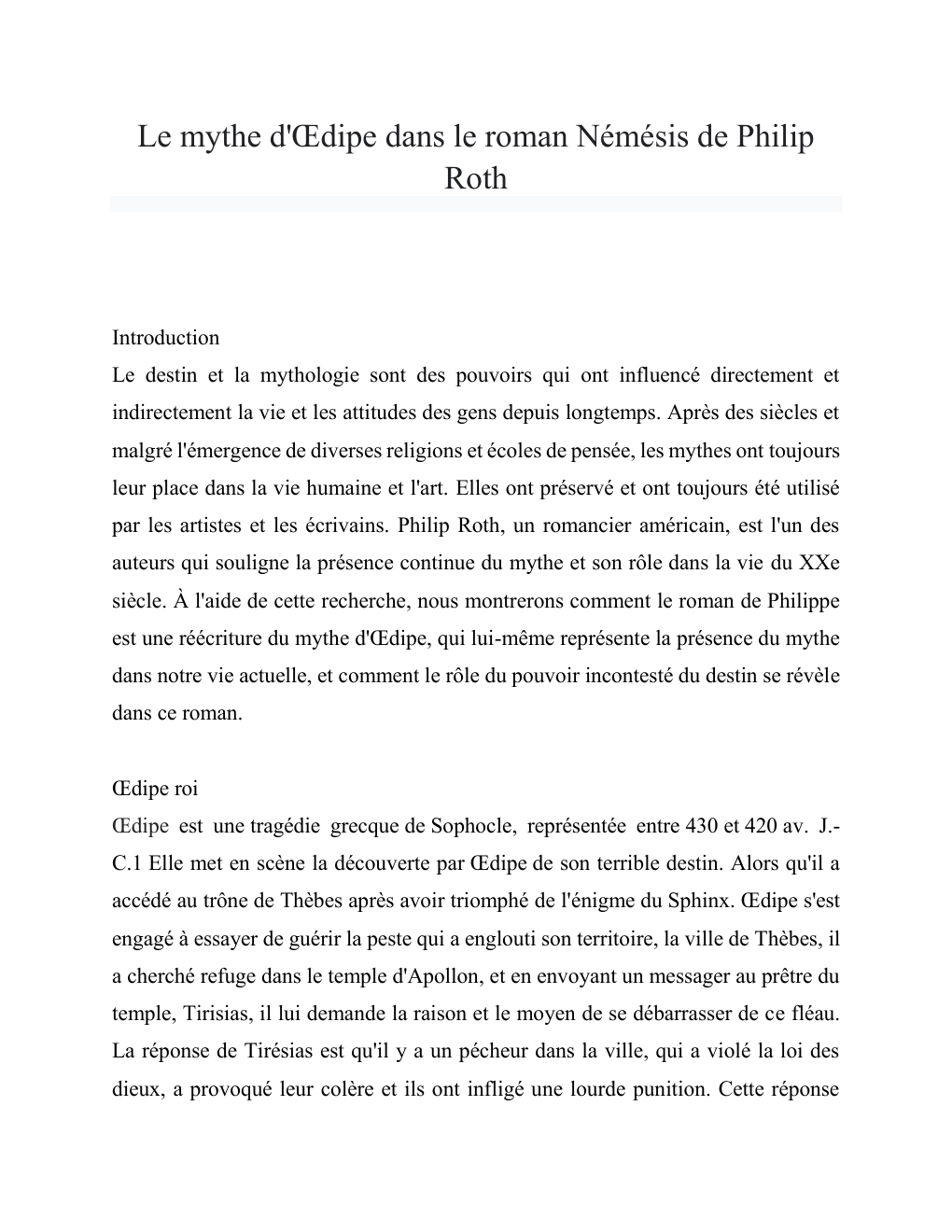 Prévisualisation du document Le mythe d'Oedipe dans le roman Némésis de Philip Roth