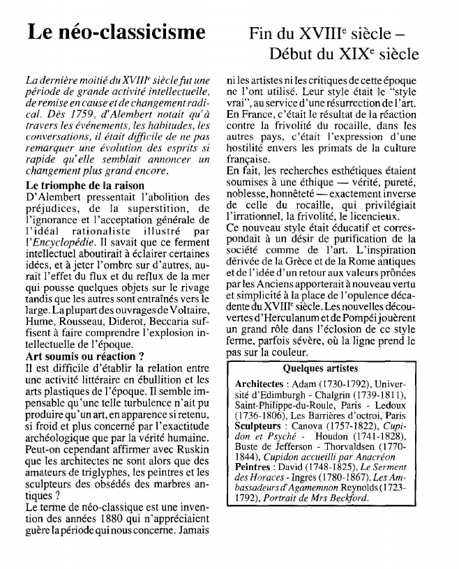 Prévisualisation du document Le néo-classicisme:Fin du XVIIIe siècle Début du XIXe siècle.