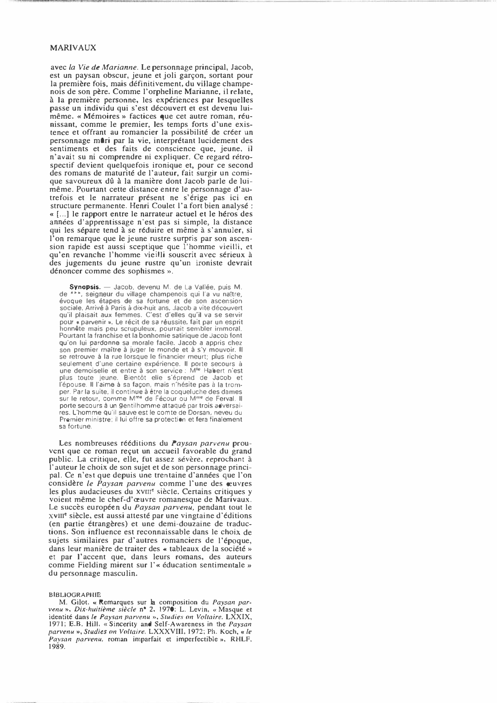 Prévisualisation du document Le Paysan parvenu ou les Mémoires de M.*** de Marivaux (résumé & analyse)