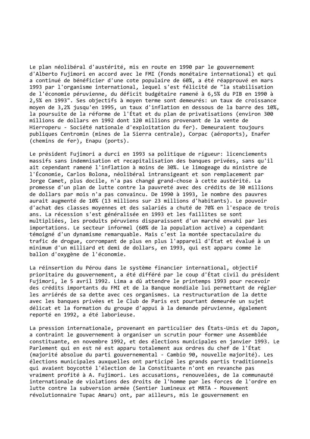 Prévisualisation du document Le plan néolibéral d'austérité, mis en route en 1990 par le gouvernement
d'Alberto Fujimori en accord avec le FMI (Fonds...