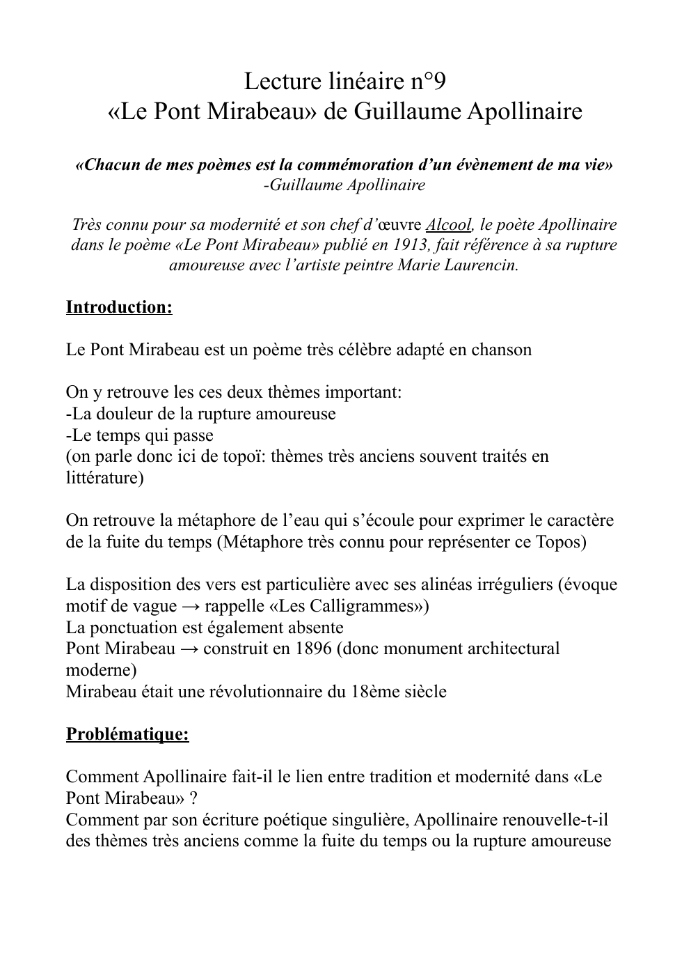 Prévisualisation du document Le Pont Mirabeau Lecture Linéaire