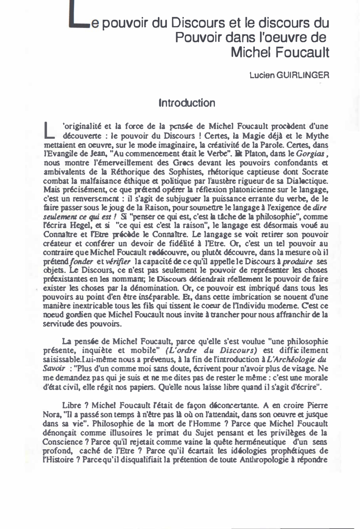Prévisualisation du document Le pouvoir du Discours et le discours du Pouvoir dans l'oeuvre de Michel Foucault