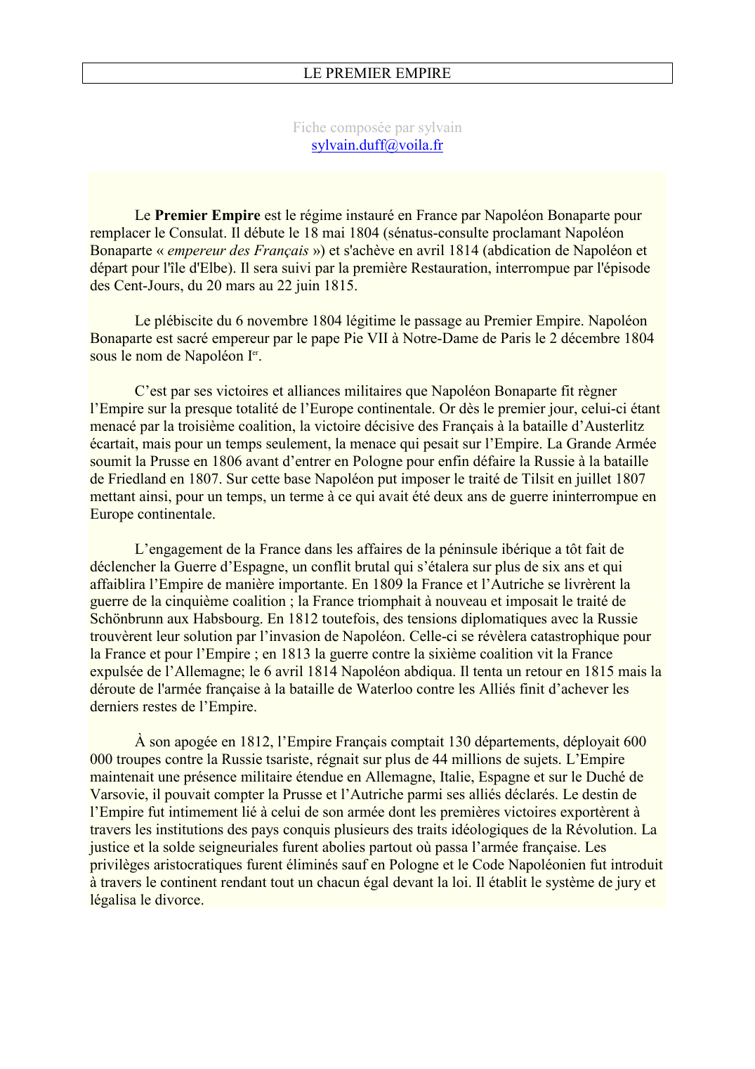 Prévisualisation du document LE PREMIER EMPIREFiche composée par sylvainsylvain.