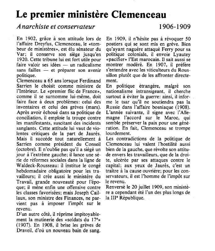 Prévisualisation du document Le premier ministère ClemenceauAnarchiste et conservateur.