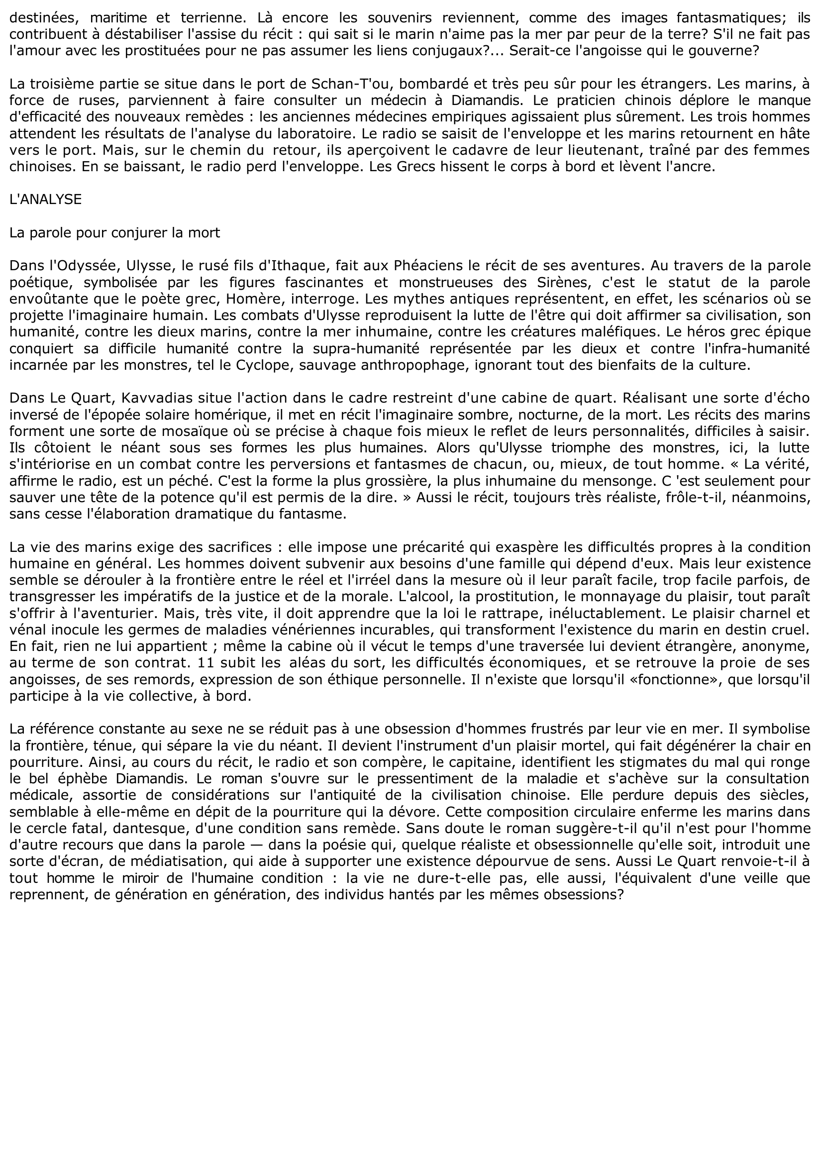 Prévisualisation du document Le Quart de Nikos Kavvadias (Fiche de lecture)