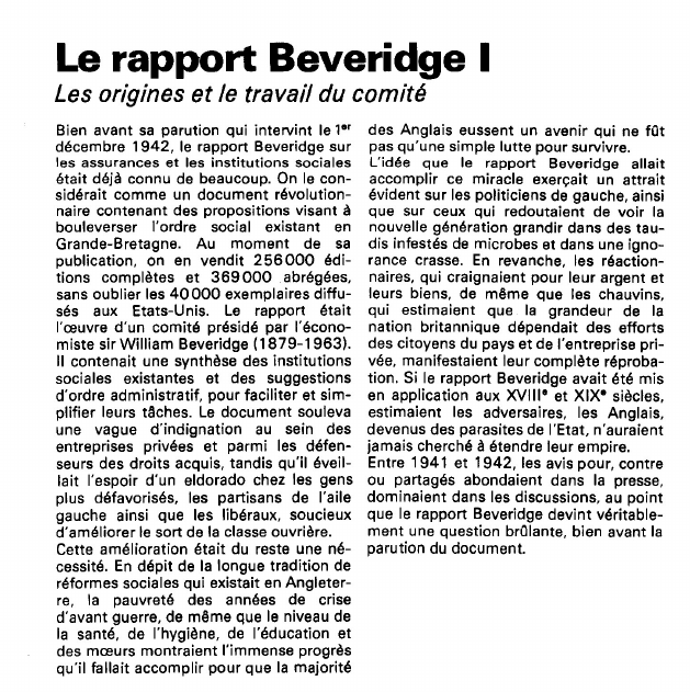 Prévisualisation du document Le rapport Beveridge:Les origines et le travail du comité.