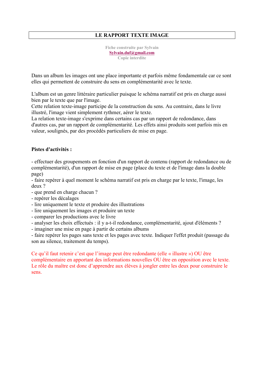 Prévisualisation du document LE RAPPORT TEXTE IMAGEFiche construite par SylvainSylvain.