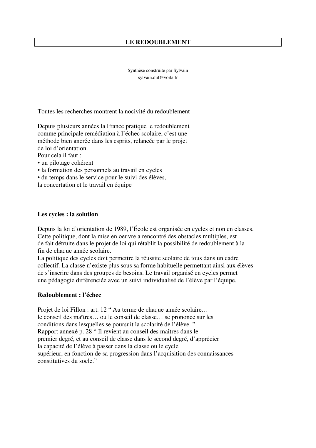 Prévisualisation du document LE REDOUBLEMENTSynthèse construite par Sylvainsylvain.