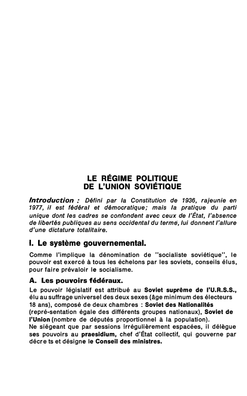 Prévisualisation du document LE RÉGIME POLITIQUE
DE L'UN!O� SOVIÉTIQUE
Introduction : Défini par la Constitution de 1936, rajeunie en
1977, il est fédéral...