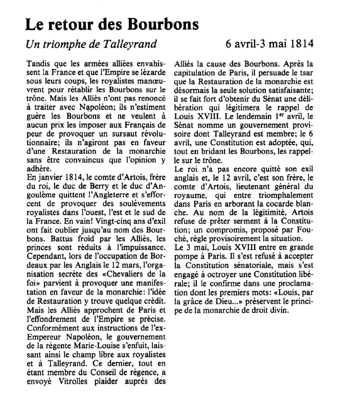 Prévisualisation du document Le retour des BourbonsUn triomphe de Talleyrand.