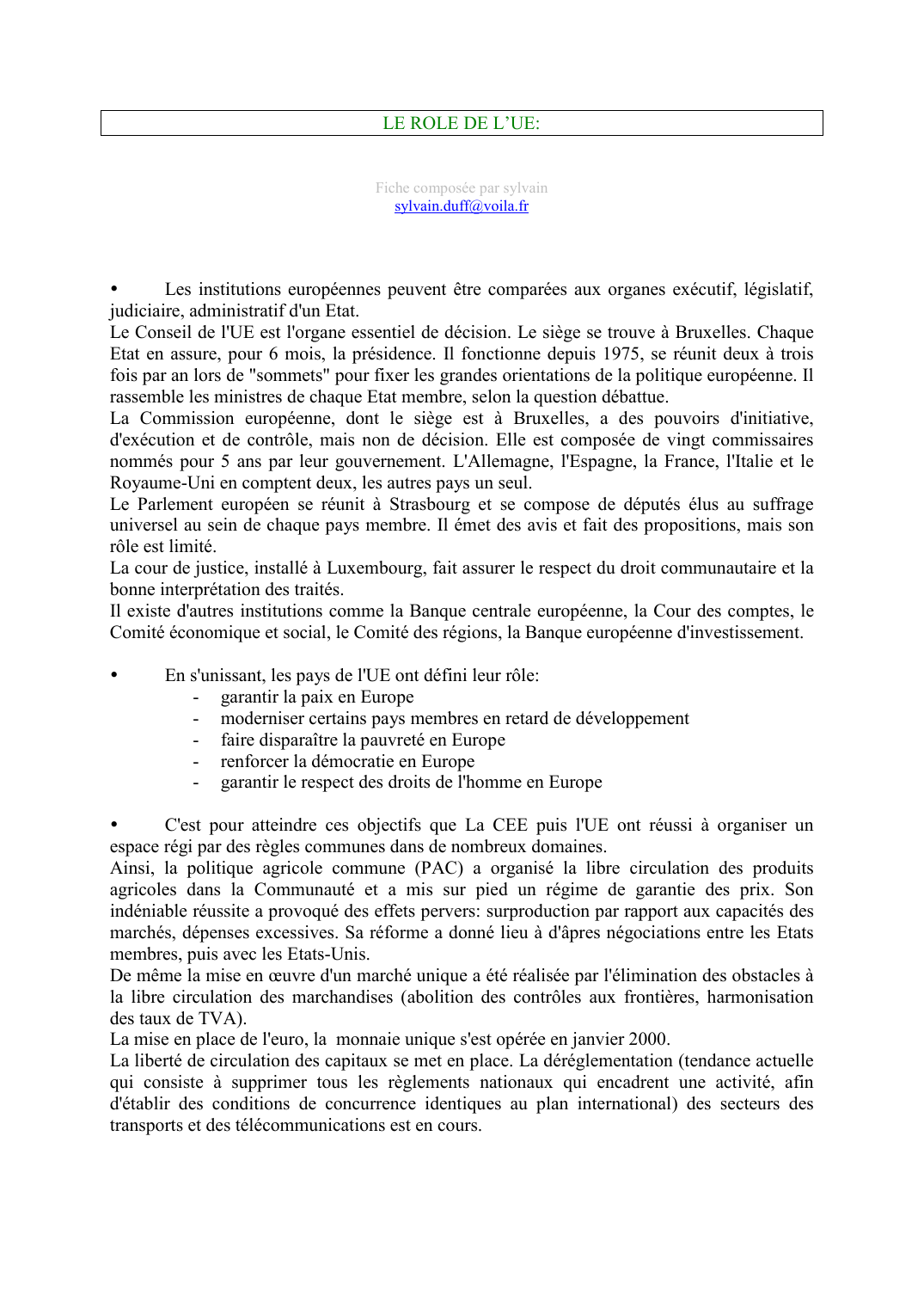 Prévisualisation du document LE ROLE DE L'UE:Fiche composée par sylvainsylvain.