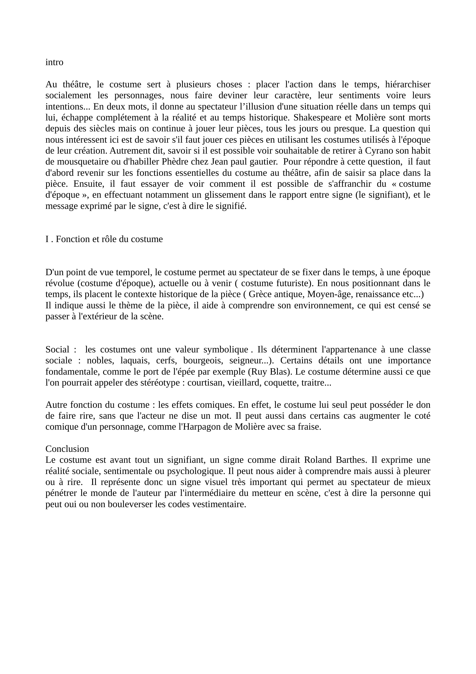 Prévisualisation du document Le role des costumes dans le théatre