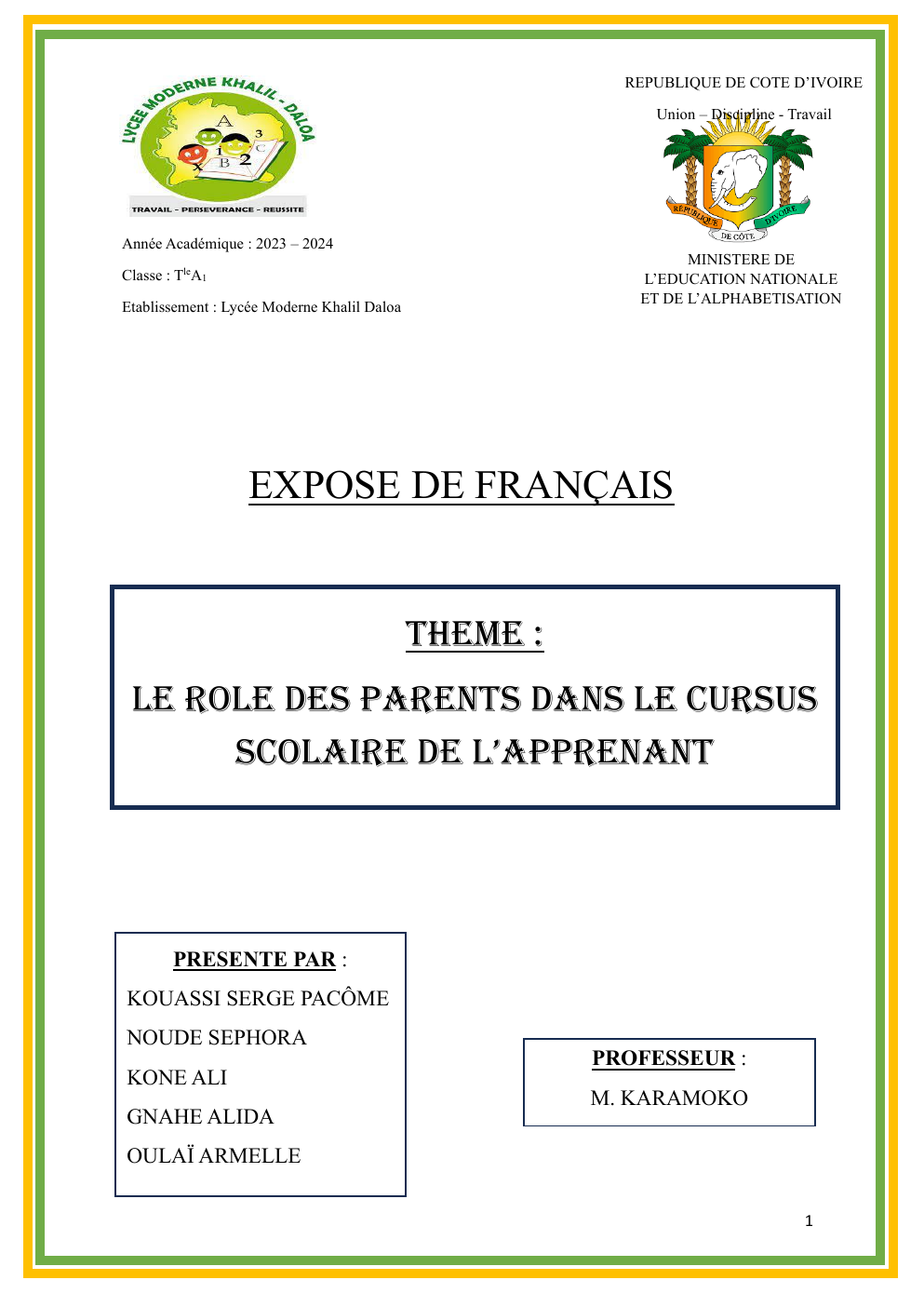 Prévisualisation du document LE ROLE DES PARENTS DANS LE CURSUS SCOLAIRE DE L’APPRENANT