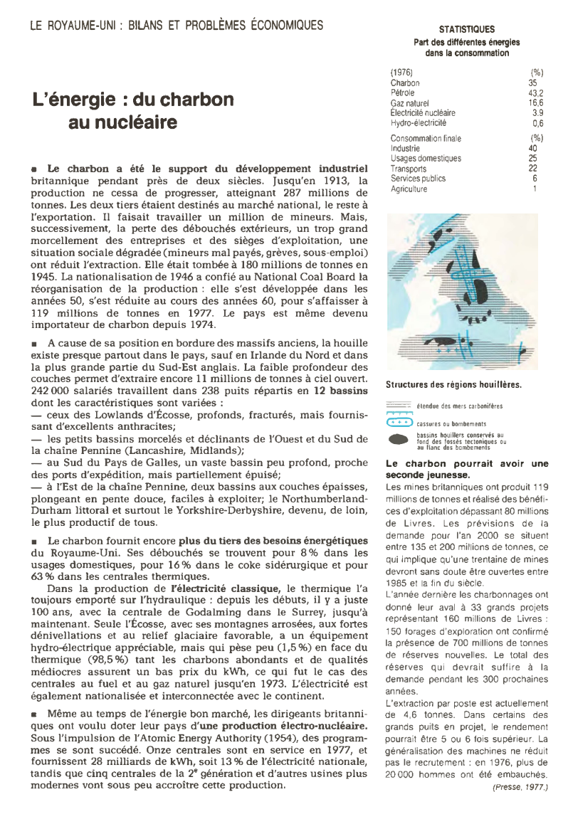 Prévisualisation du document LE ROYAUME-UNI : BILANS ET PROBLÈMES ÉCONOMIQUES

L'énergie: du charbon
au nucléaire
■ Le charbon a été le support du...