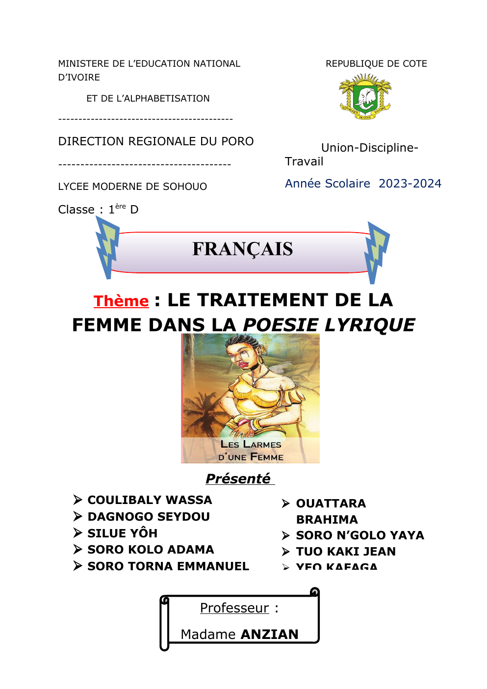 Prévisualisation du document Le schéma actantiel dans le cours d'Amadou Koné. FRANÇAIS : LE TRAITEMENT DE LA FEMME DANS LA POESIE LYRIQUE