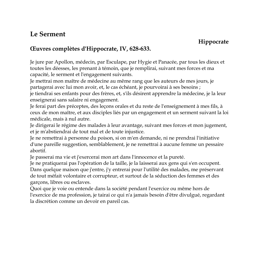 Prévisualisation du document Le SermentHippocrateOEuvres complètes d'Hippocrate, IV, 628-633.