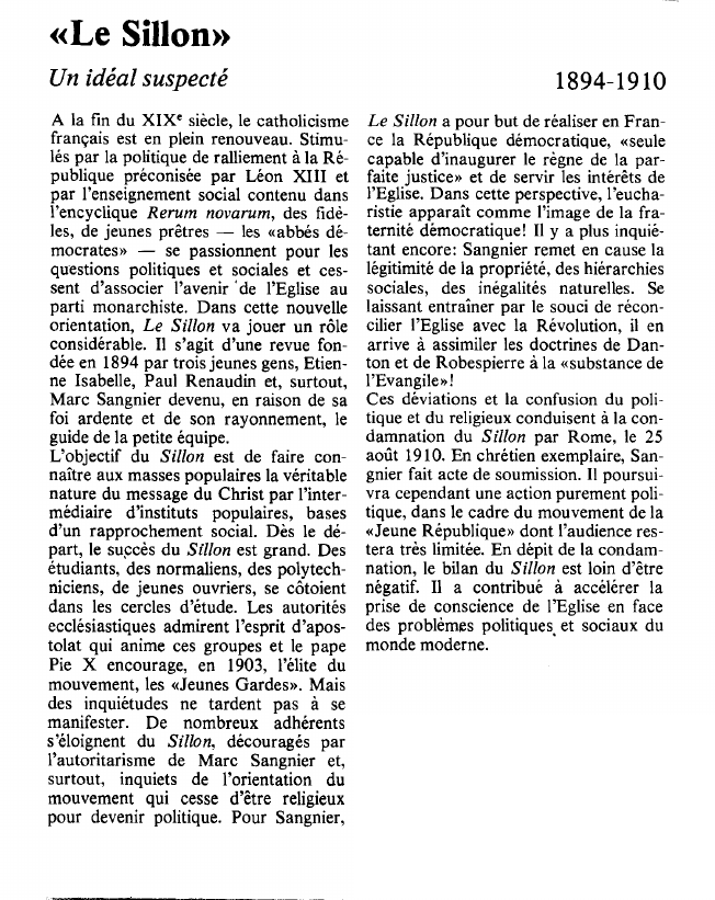 Prévisualisation du document «Le Sillon»Un idéal suspecté.