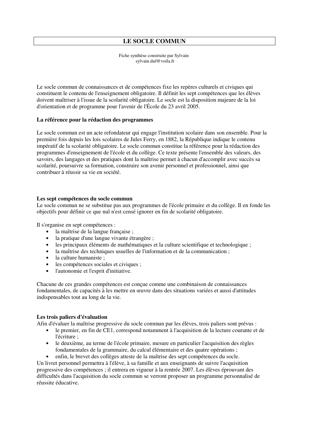 Prévisualisation du document LE SOCLE COMMUNFiche synthèse construite par Sylvainsylvain.