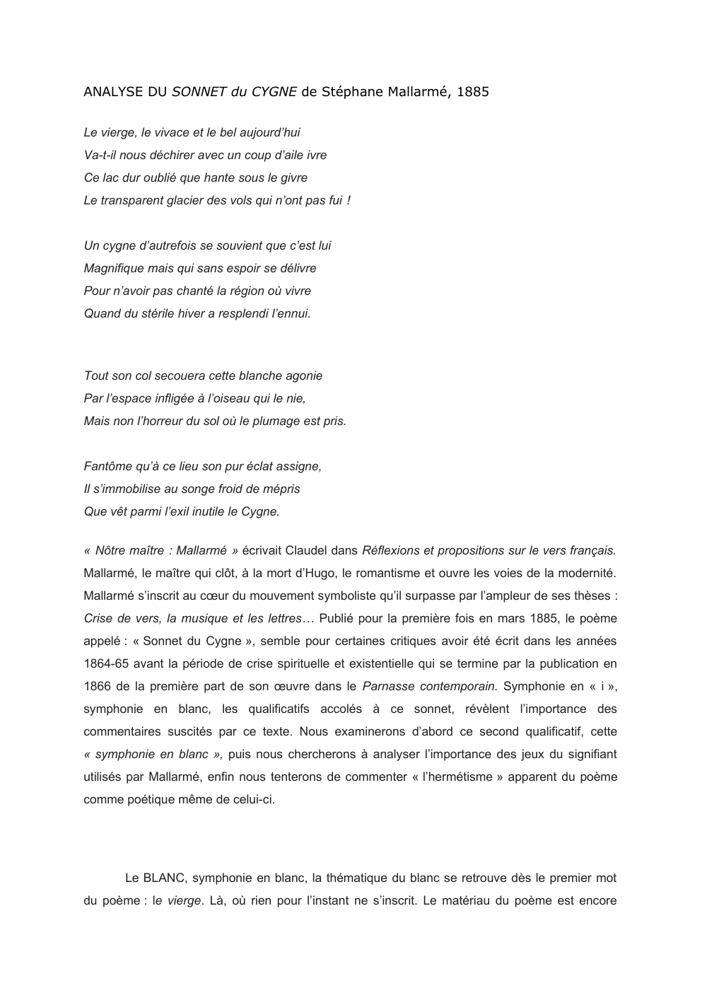 Prévisualisation du document le Sonnet du Cygne de Mallarmé