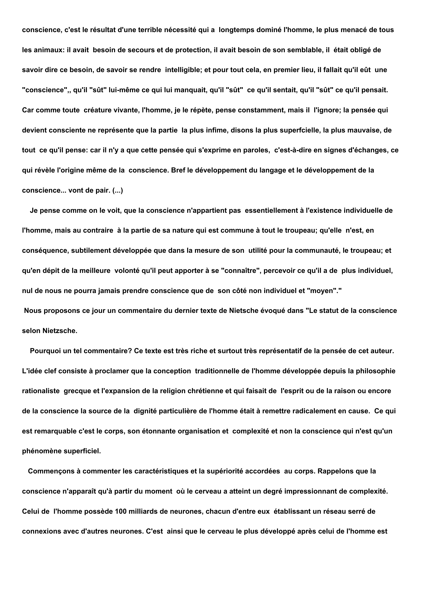 Prévisualisation du document LE STATUT DE LA CONSCIENCE SELON NIETZSCHE