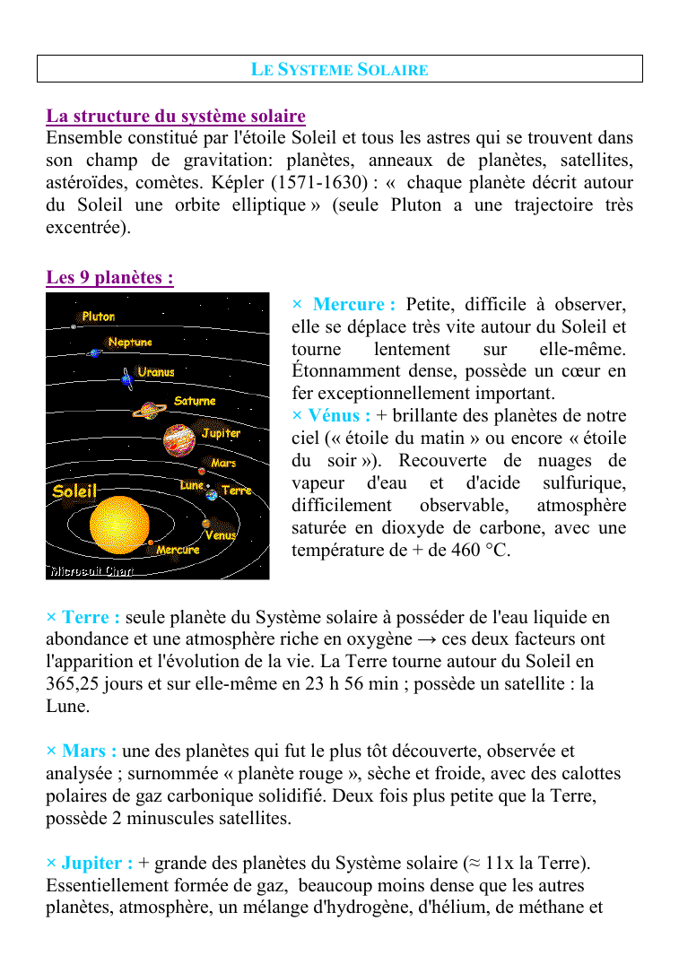 Prévisualisation du document LE SYSTEME SOLAIRELa structure du système solaireEnsemble constitué par l'étoile Soleil et tous les astres qui se trouvent dansson champ de gravitation: planètes, anneaux de planètes, satellites,astéroïdes, comètes.