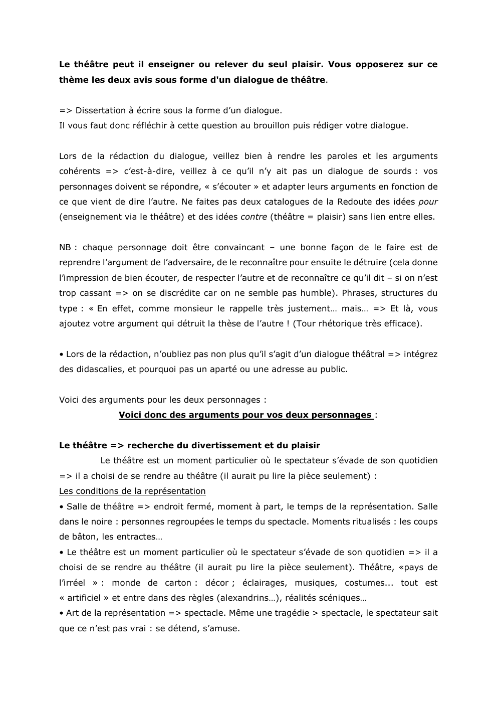 Prévisualisation du document Le théâtre peut il enseigner ou relever du seul plaisir. Vous opposerez sur ce
thème les deux avis sous forme...